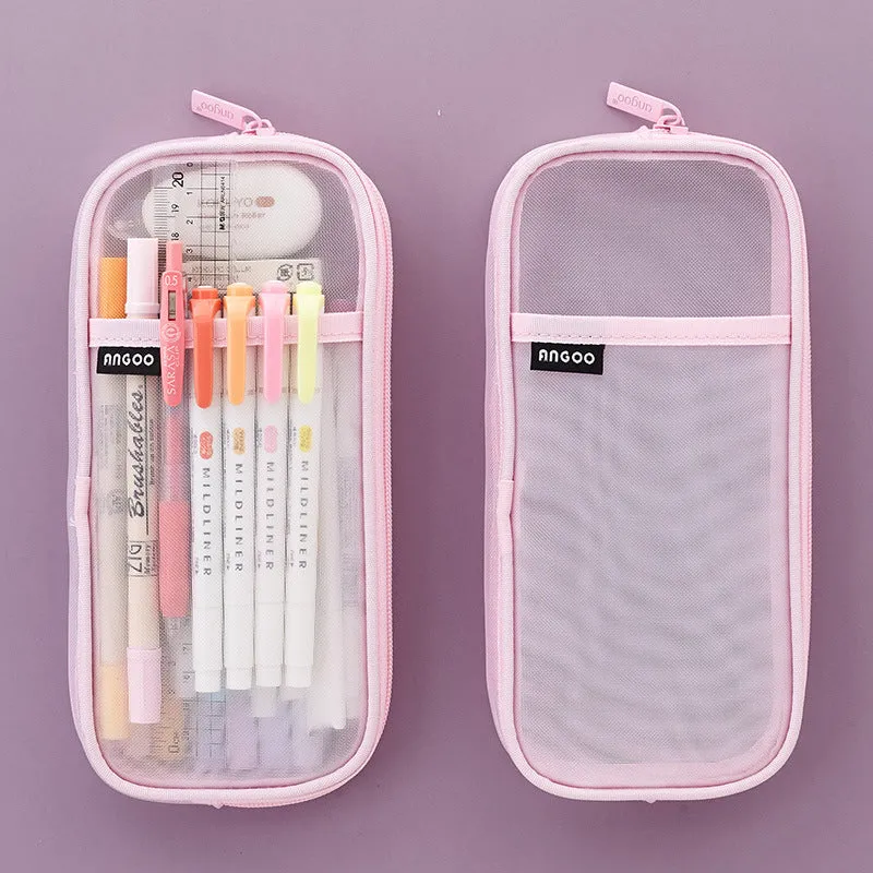 Transparent solid colour mesh pen case showing two-tone design with pens visible inside