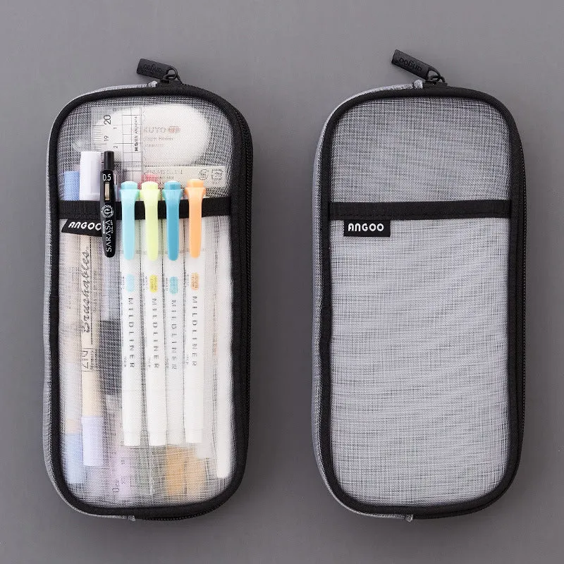 Transparent solid colour mesh pen case showing two-tone design with pens visible inside