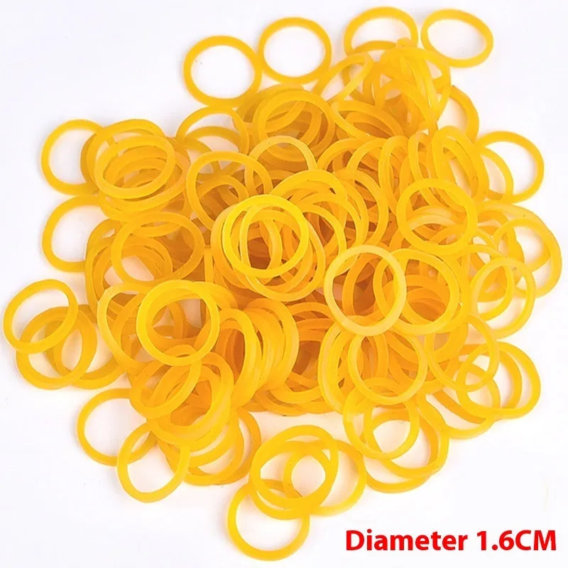 500g pack of assorted yellow rubber bands in sizes from 16mm to 70mm diameter.