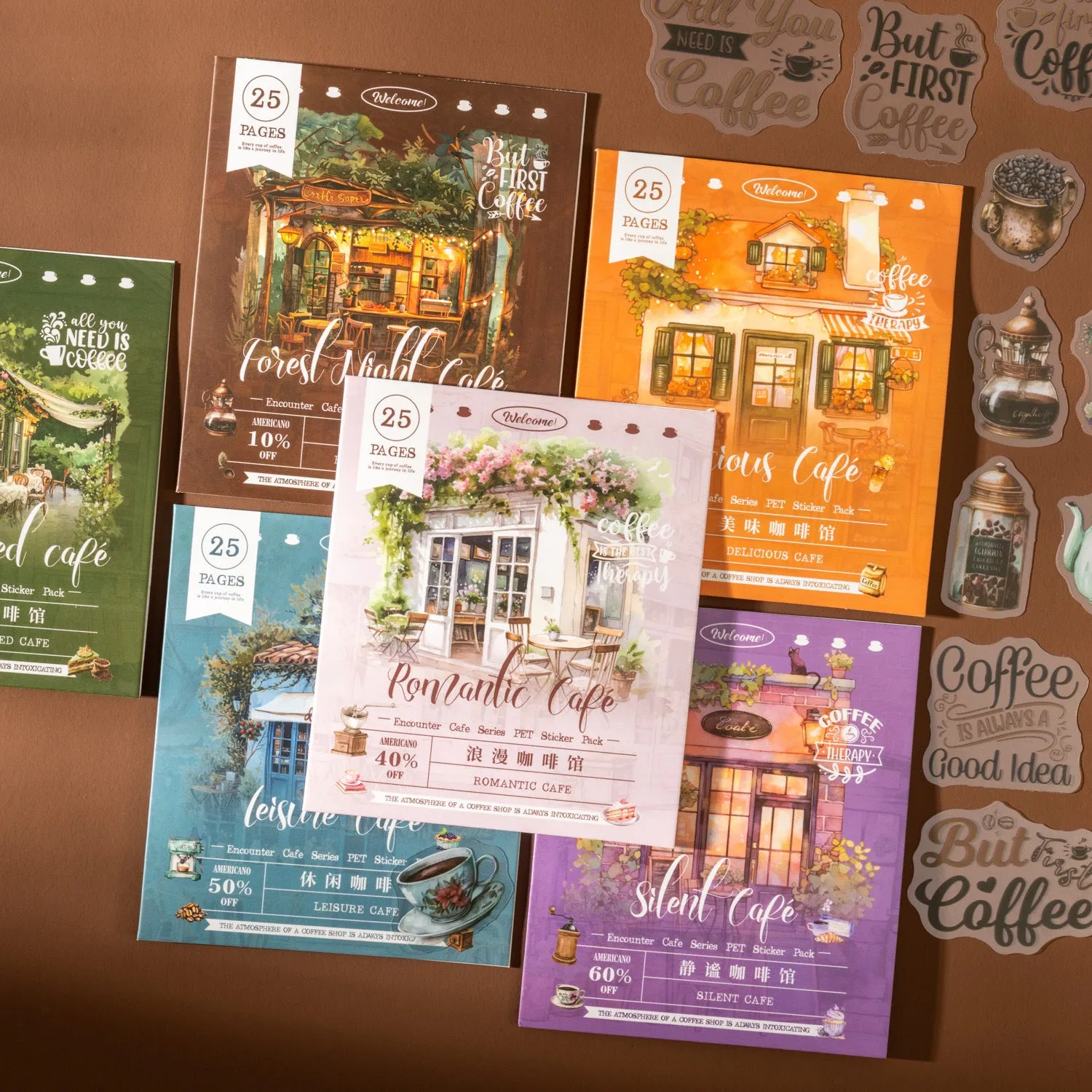 Encounter Cafe Series hand account sticker package with retro style, six colour themes, 25 or 75 stickers for scrapbooking