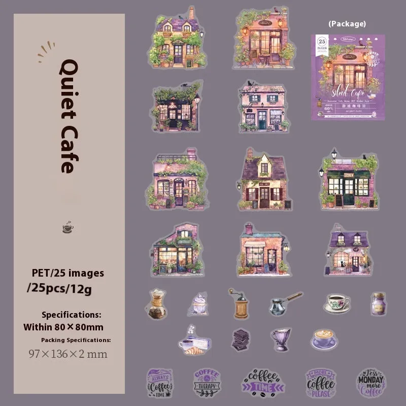 Encounter Cafe Series hand account sticker package with retro style, six colour themes, 25 or 75 stickers for scrapbooking