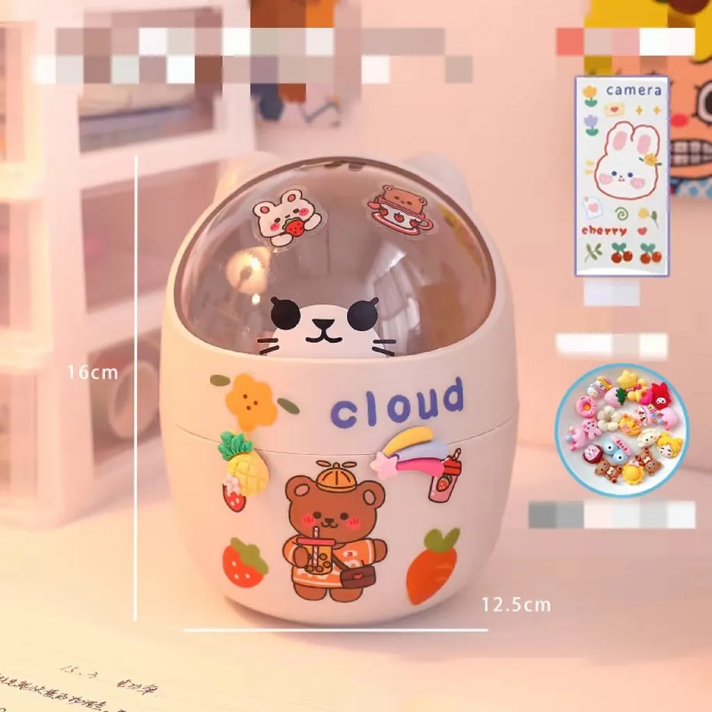 Plastic mini bear shaped desktop trash can with press-type lid in beige gray, includes stickers and garbage bags