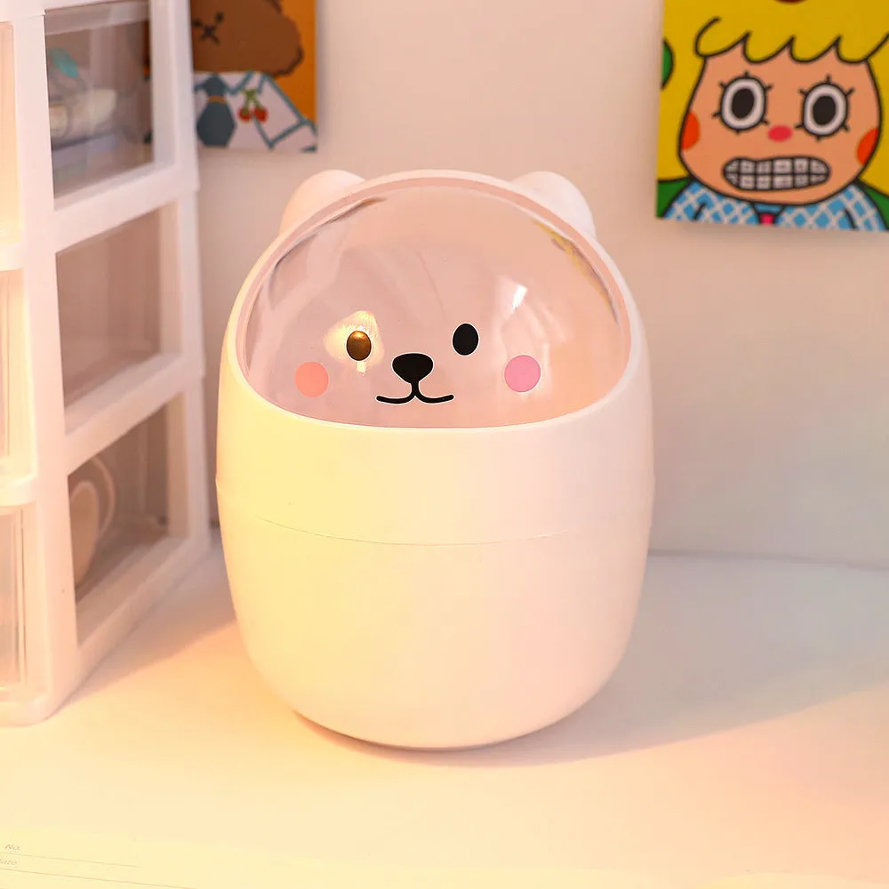 Plastic mini bear shaped desktop trash can with press-type lid in beige gray, includes stickers and garbage bags