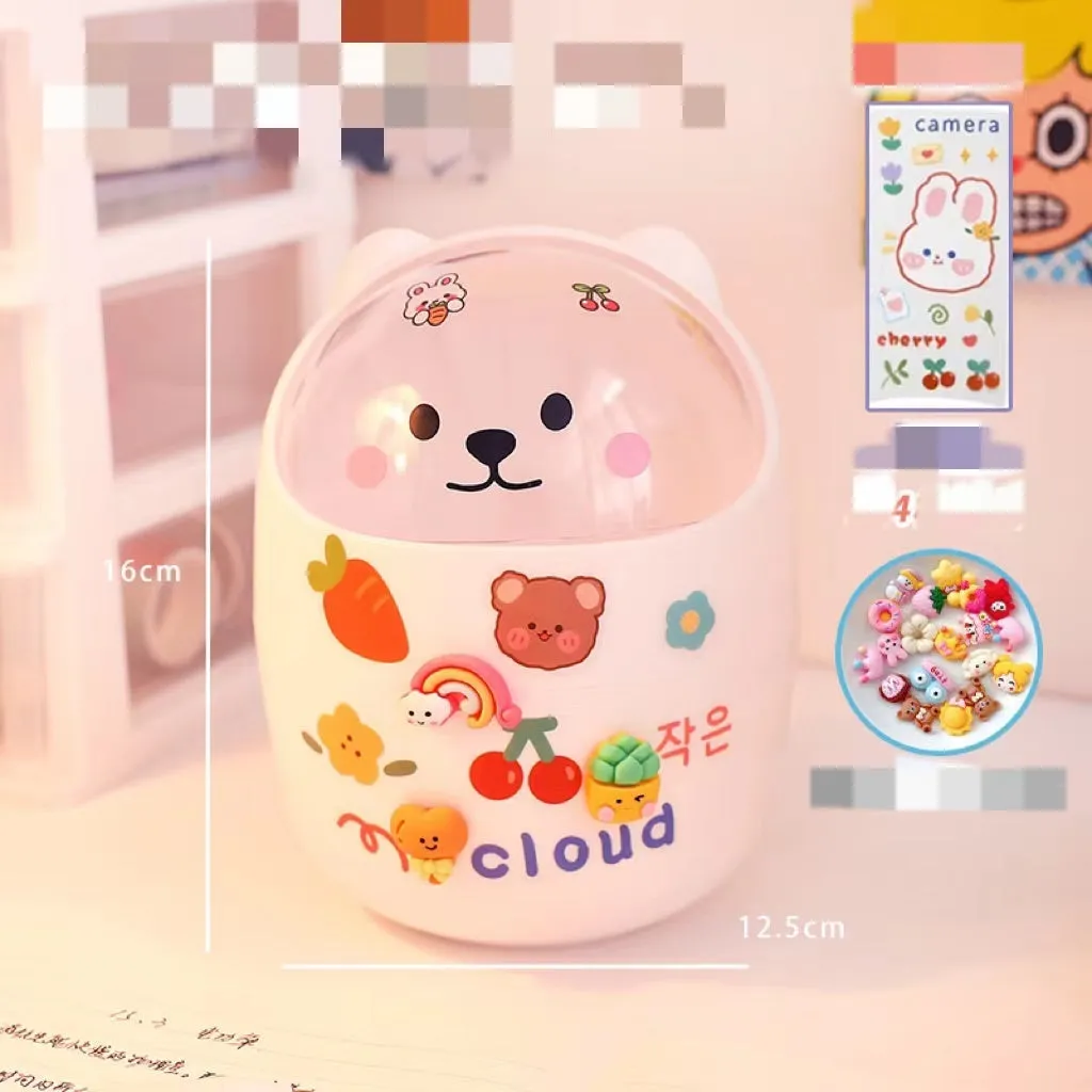 Plastic mini bear shaped desktop trash can with press-type lid in beige gray, includes stickers and garbage bags