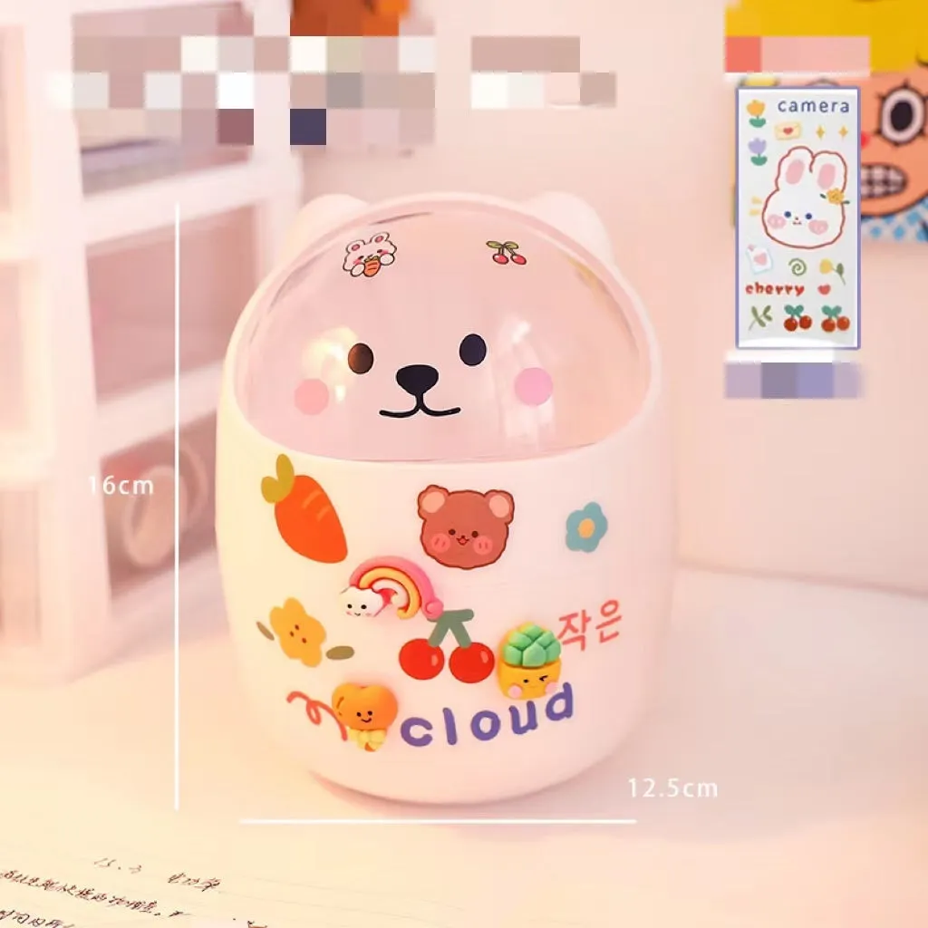 Plastic mini bear shaped desktop trash can with press-type lid in beige gray, includes stickers and garbage bags
