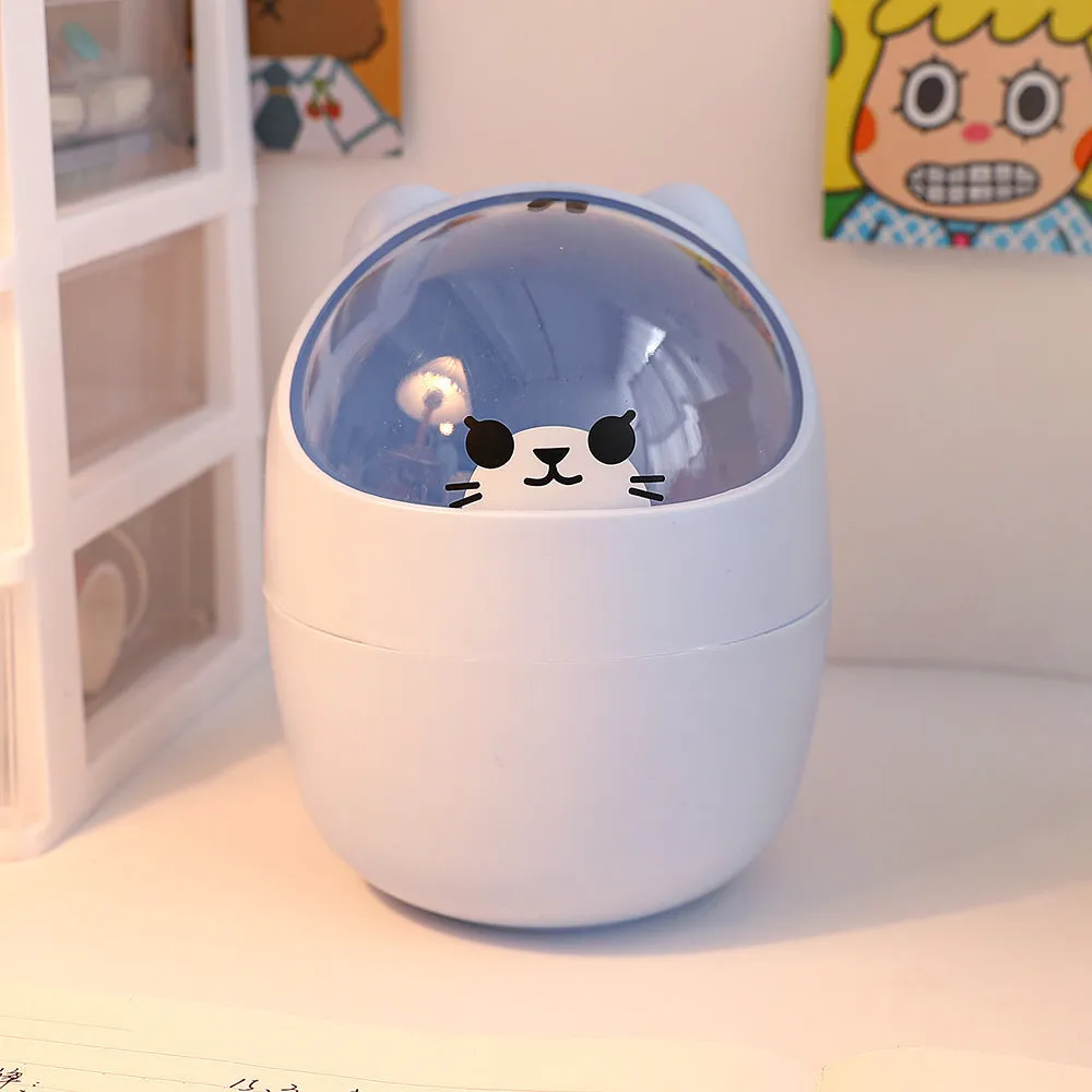 Plastic mini bear shaped desktop trash can with press-type lid in beige gray, includes stickers and garbage bags