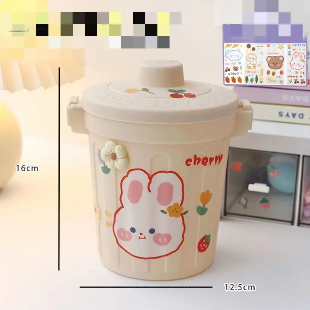 Plastic mini bear shaped desktop trash can with press-type lid in beige gray, includes stickers and garbage bags