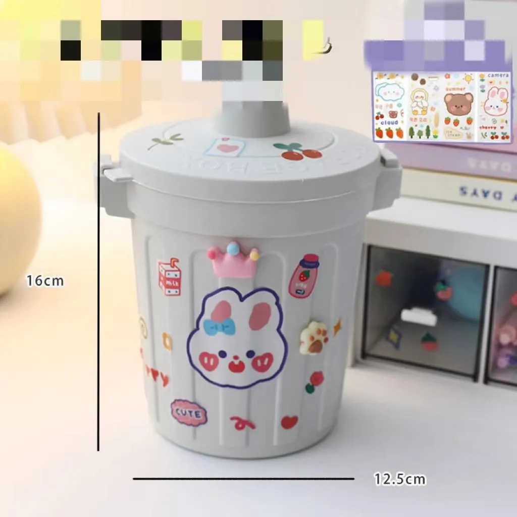 Plastic mini bear shaped desktop trash can with press-type lid in beige gray, includes stickers and garbage bags