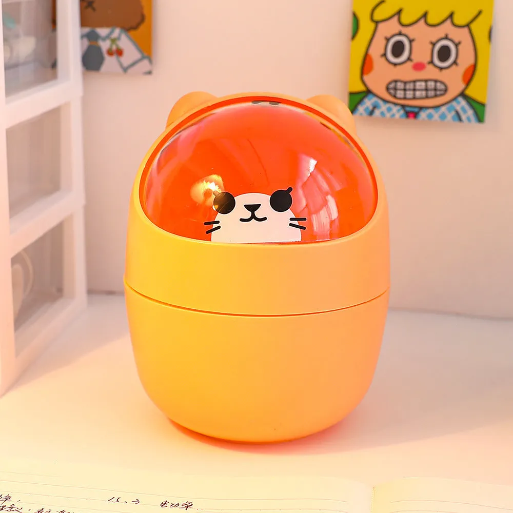 Plastic mini bear shaped desktop trash can with press-type lid in beige gray, includes stickers and garbage bags