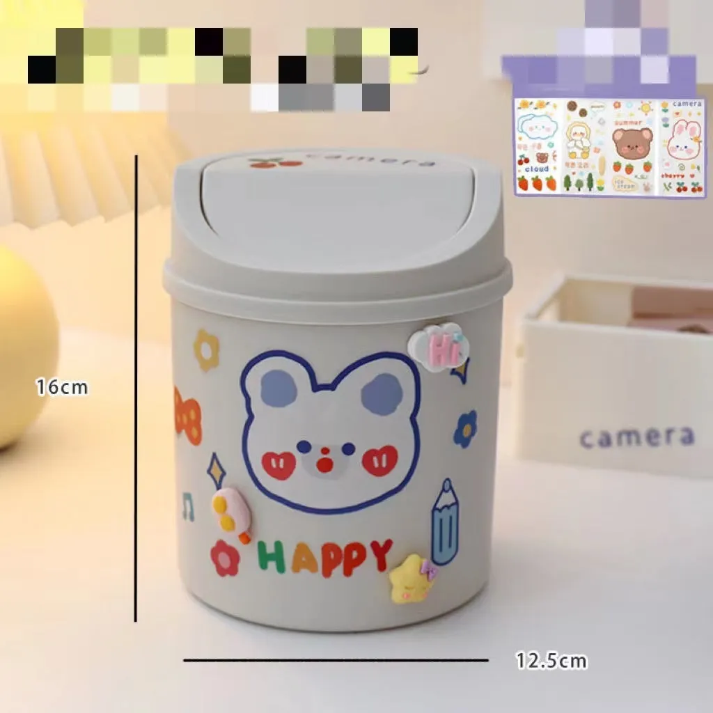 Plastic mini bear shaped desktop trash can with press-type lid in beige gray, includes stickers and garbage bags