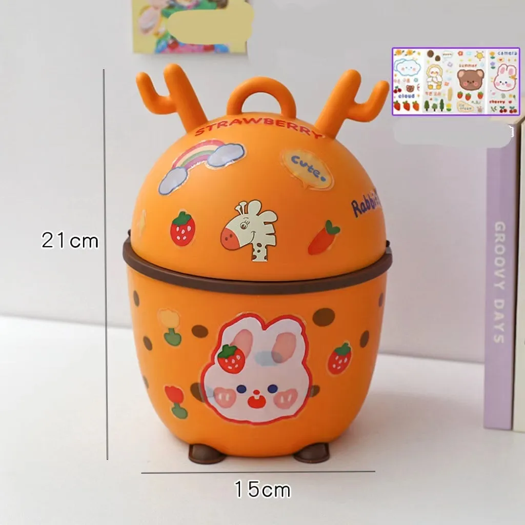 Plastic mini bear shaped desktop trash can with press-type lid in beige gray, includes stickers and garbage bags