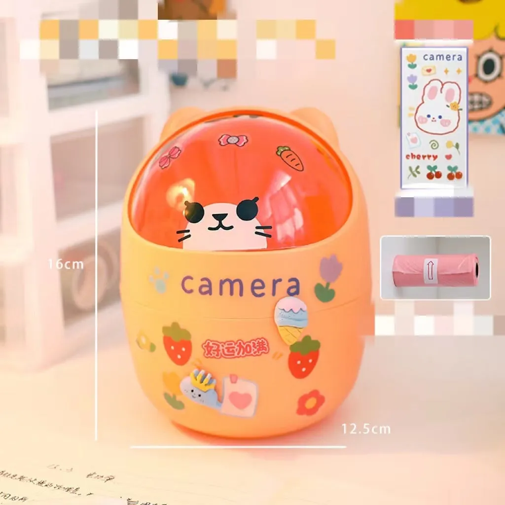 Plastic mini bear shaped desktop trash can with press-type lid in beige gray, includes stickers and garbage bags