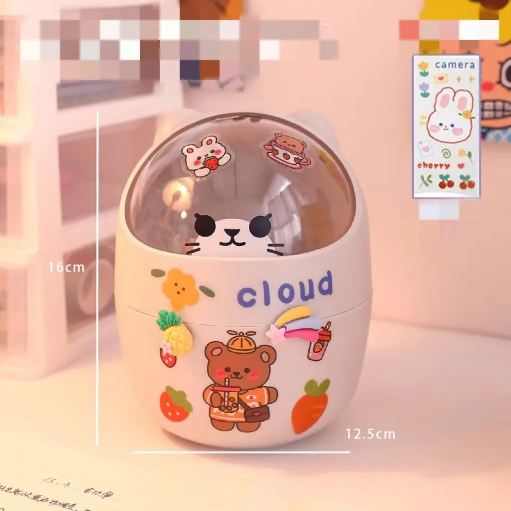 Plastic mini bear shaped desktop trash can with press-type lid in beige gray, includes stickers and garbage bags