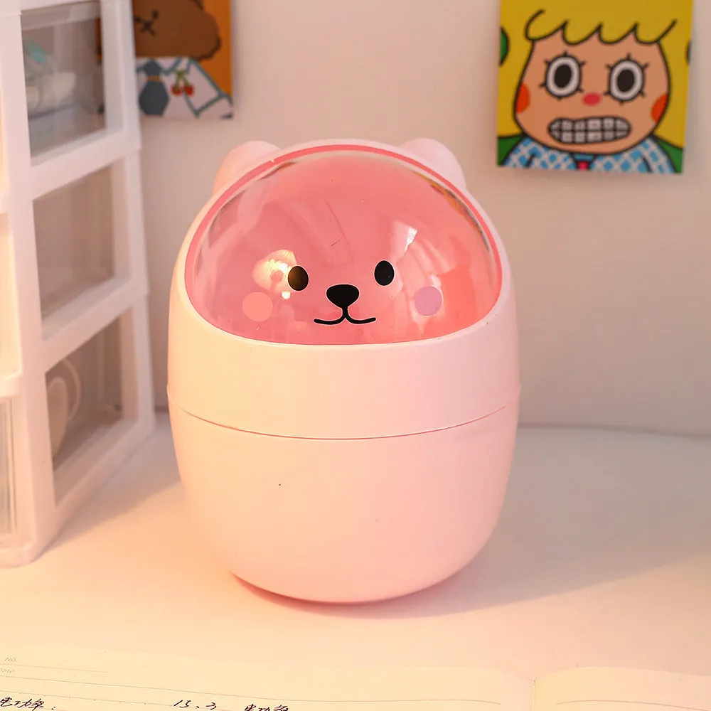 Plastic mini bear shaped desktop trash can with press-type lid in beige gray, includes stickers and garbage bags