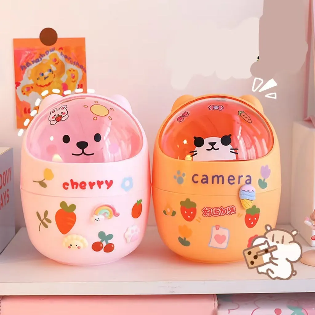 Plastic mini bear shaped desktop trash can with press-type lid in beige gray, includes stickers and garbage bags