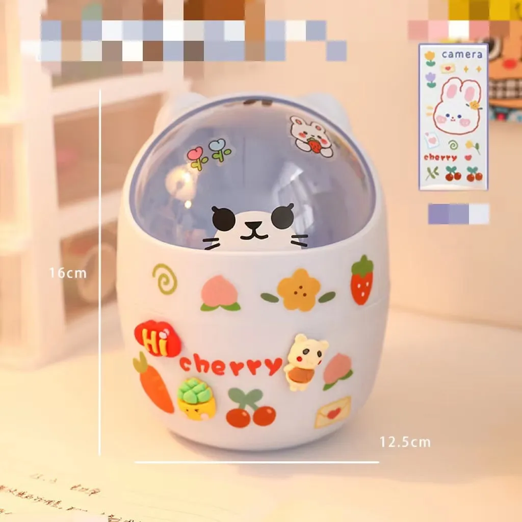 Plastic mini bear shaped desktop trash can with press-type lid in beige gray, includes stickers and garbage bags