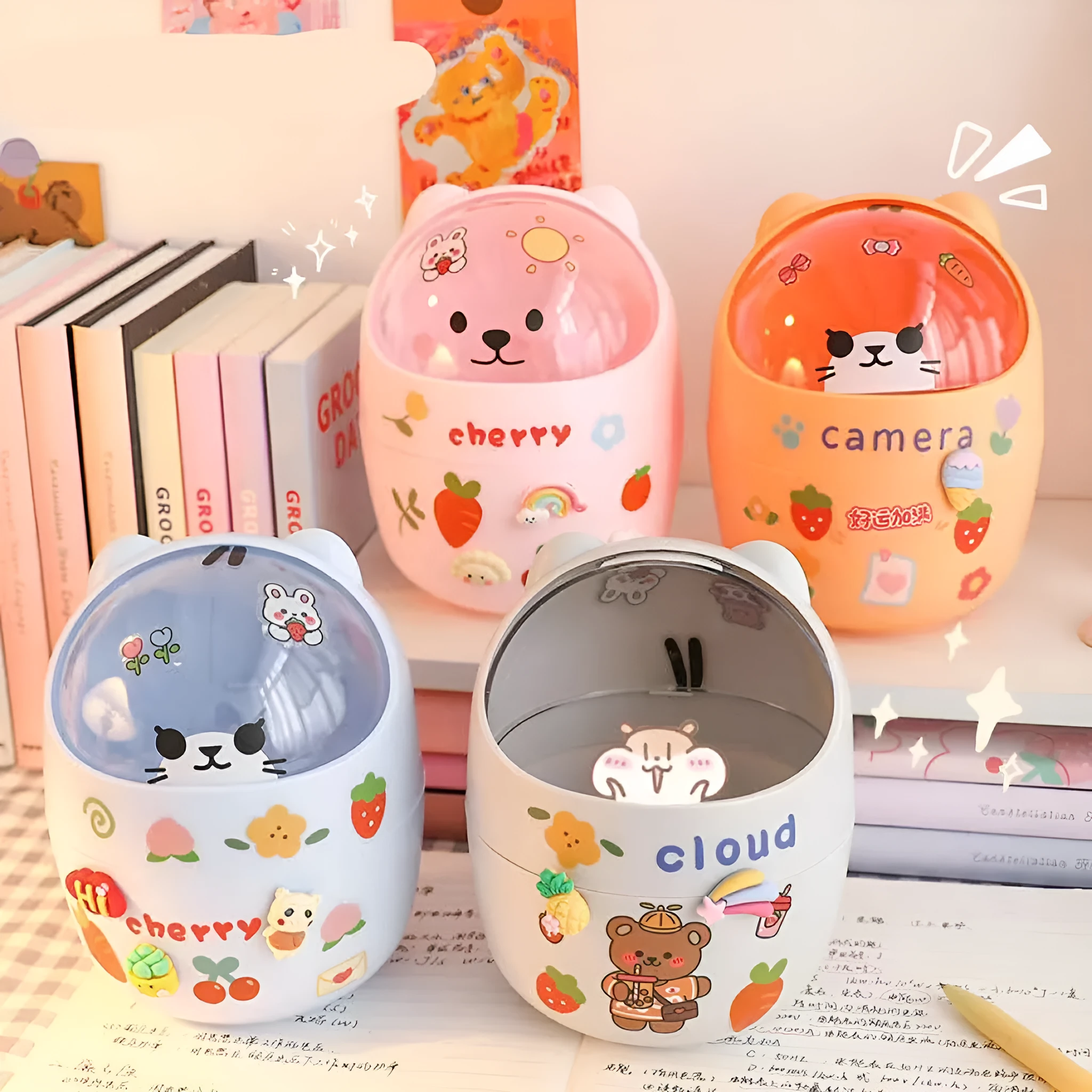 Plastic mini bear shaped desktop trash can with press-type lid in beige gray, includes stickers and garbage bags