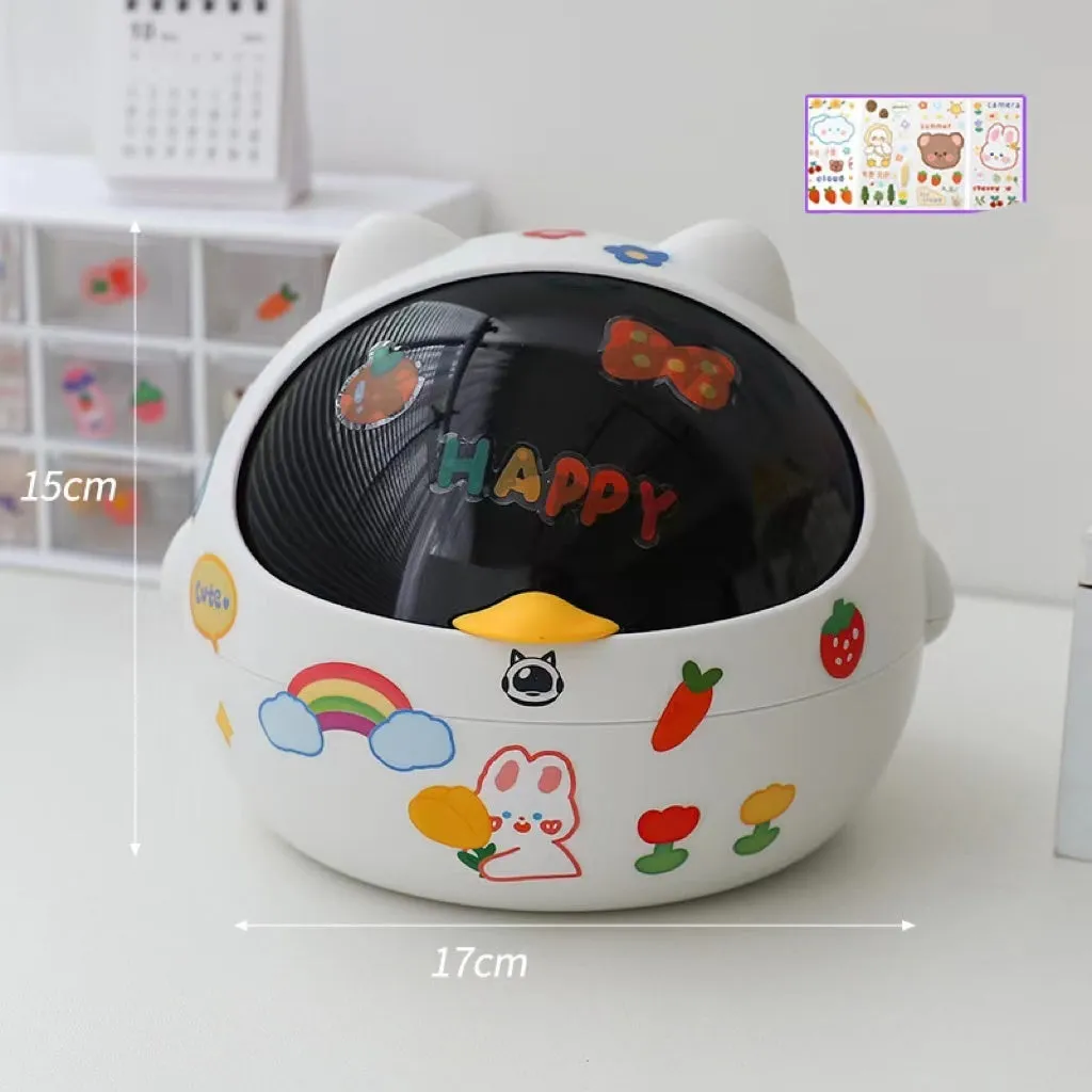 Plastic mini bear shaped desktop trash can with press-type lid in beige gray, includes stickers and garbage bags