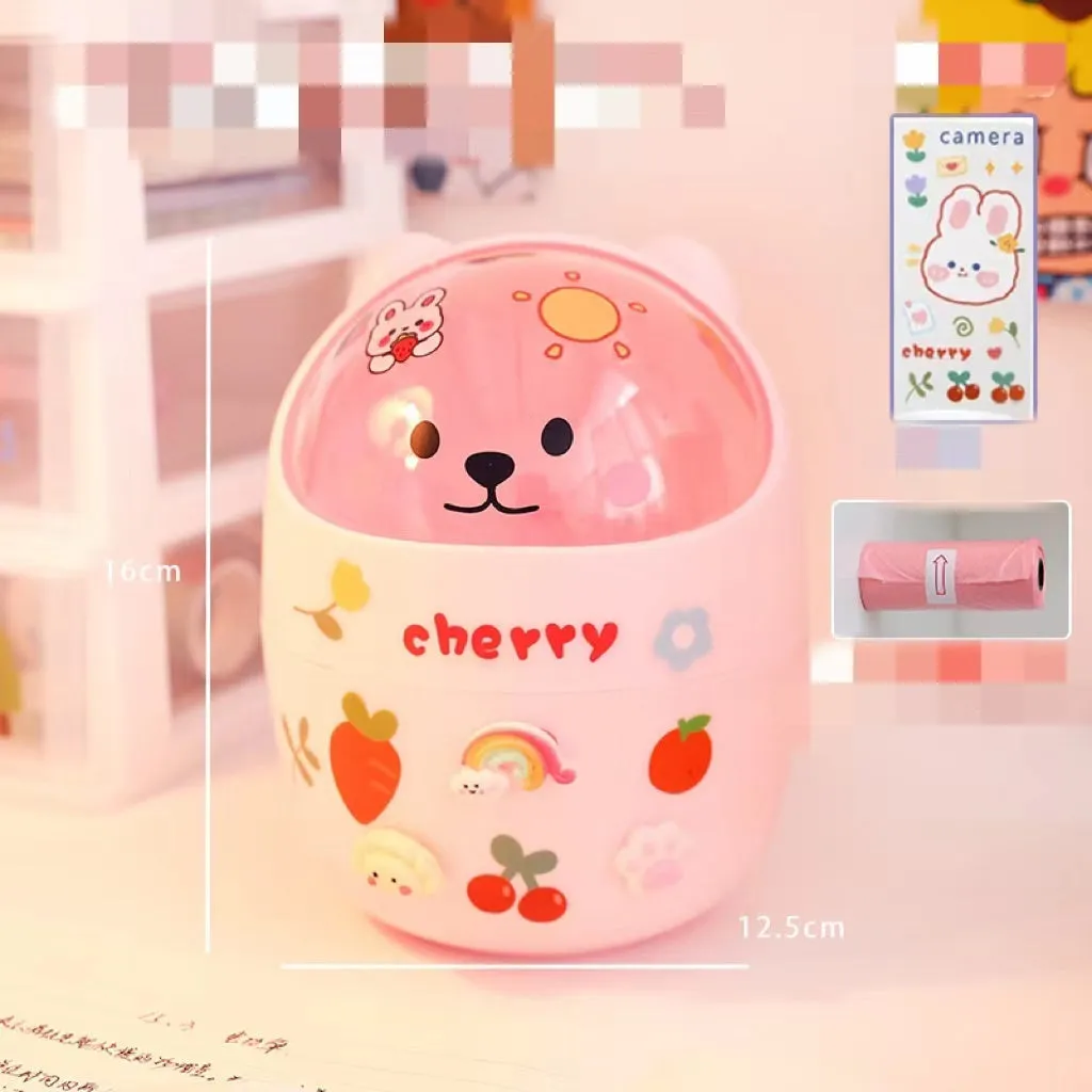 Plastic mini bear shaped desktop trash can with press-type lid in beige gray, includes stickers and garbage bags