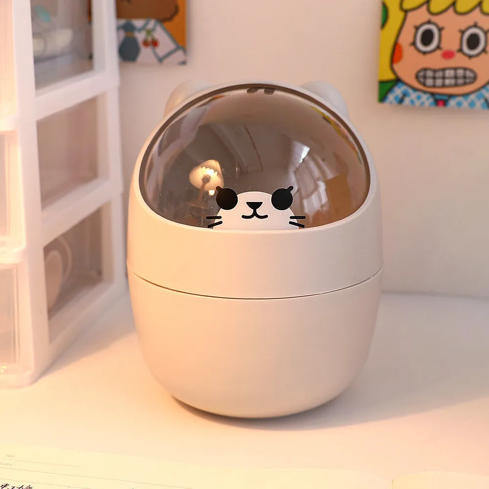 Plastic mini bear shaped desktop trash can with press-type lid in beige gray, includes stickers and garbage bags