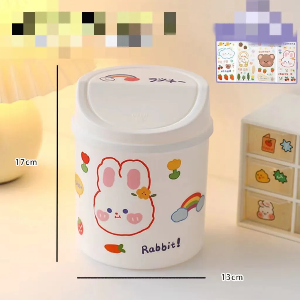 Plastic mini bear shaped desktop trash can with press-type lid in beige gray, includes stickers and garbage bags