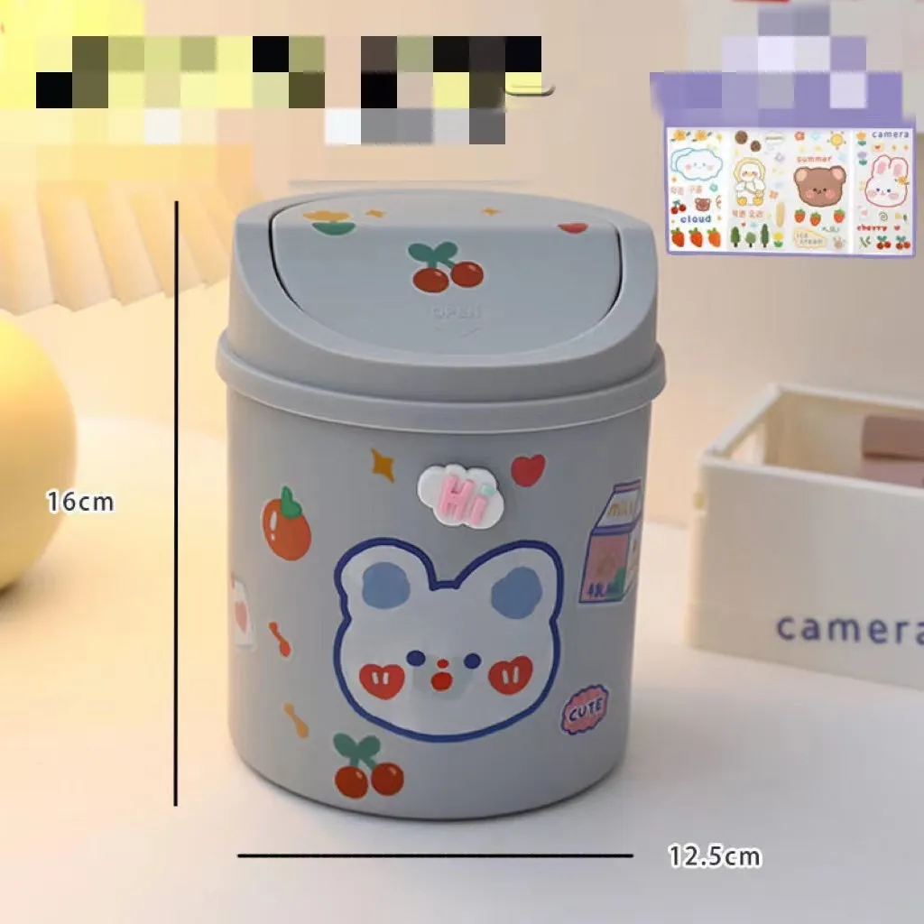 Plastic mini bear shaped desktop trash can with press-type lid in beige gray, includes stickers and garbage bags