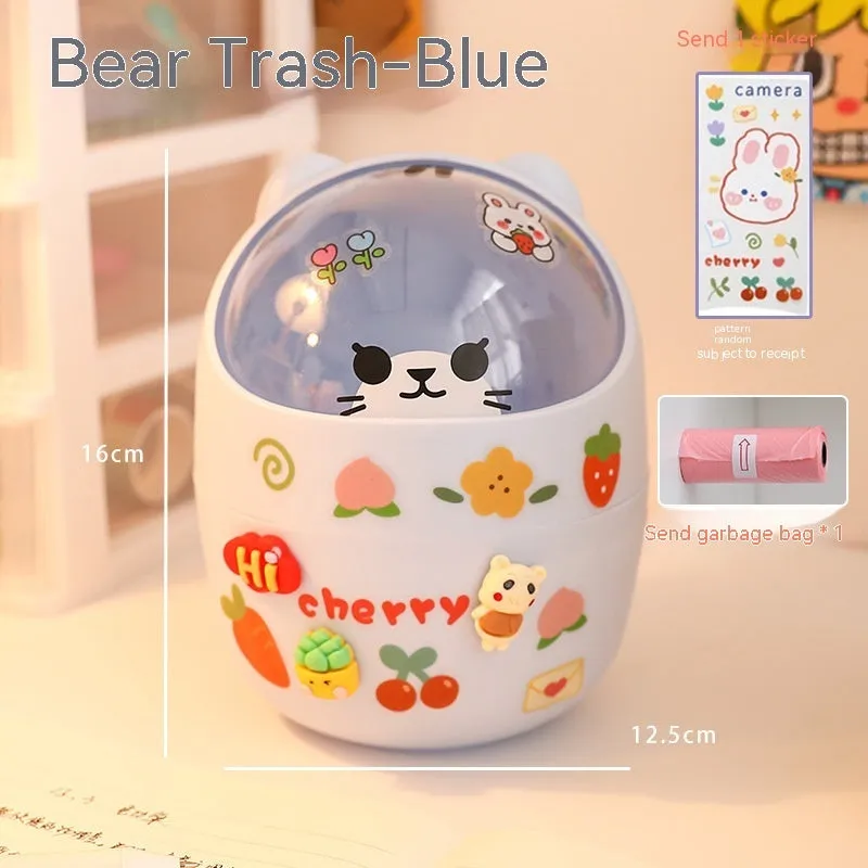Plastic mini bear shaped desktop trash can with press-type lid in beige gray, includes stickers and garbage bags