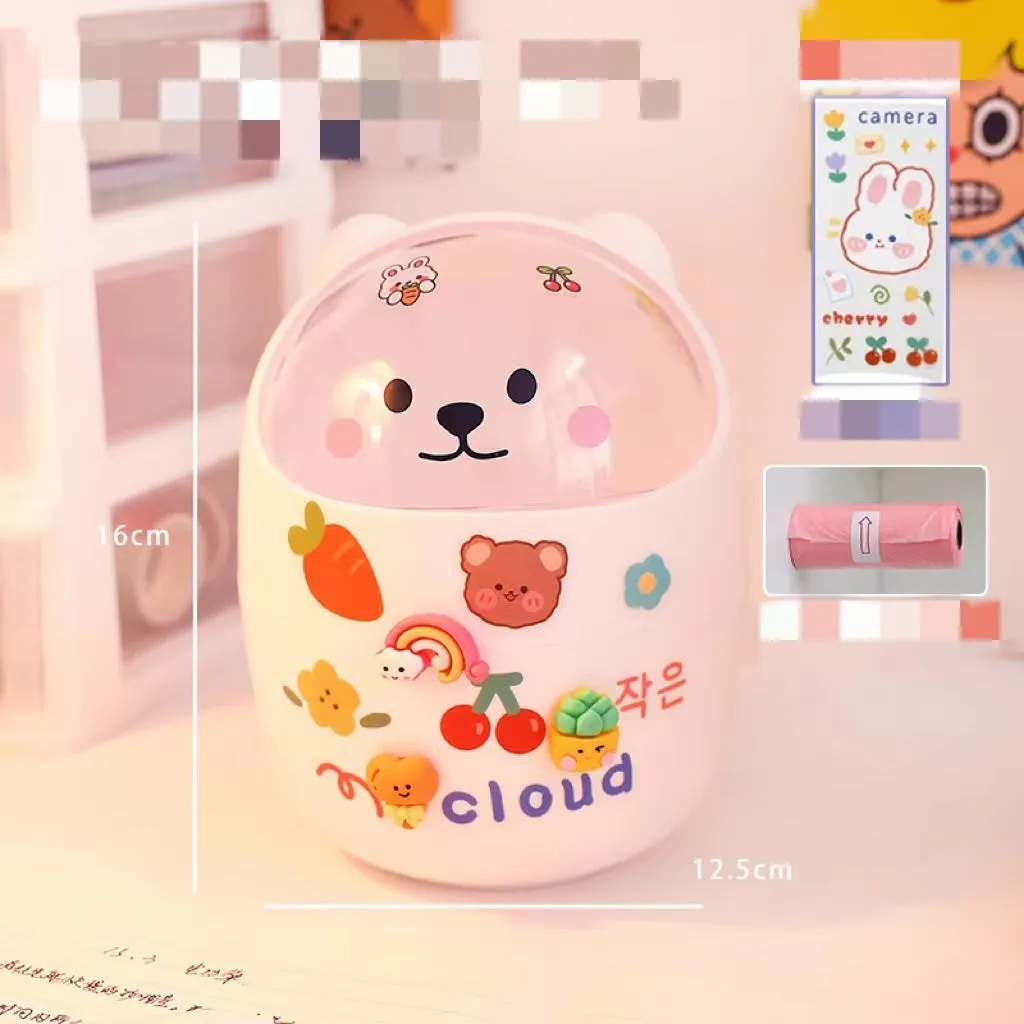 Plastic mini bear shaped desktop trash can with press-type lid in beige gray, includes stickers and garbage bags