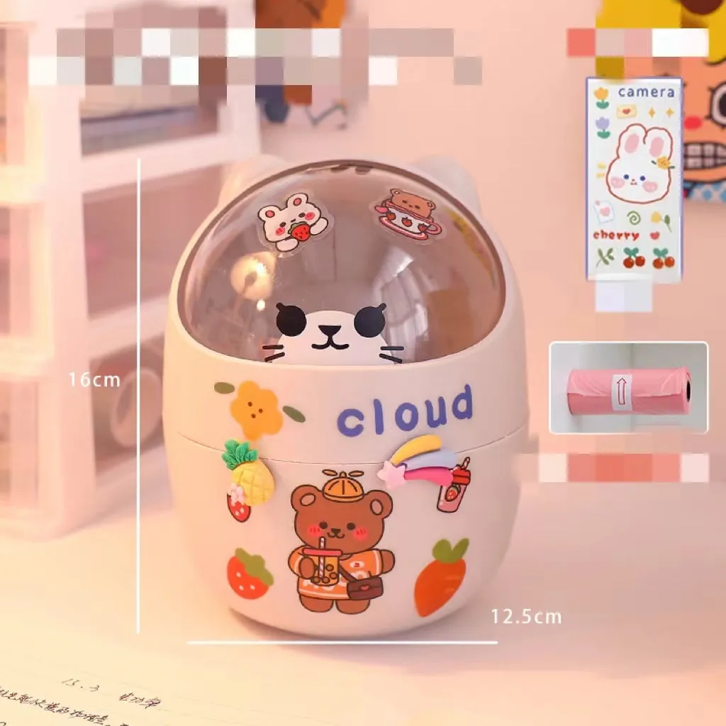 Plastic mini bear shaped desktop trash can with press-type lid in beige gray, includes stickers and garbage bags