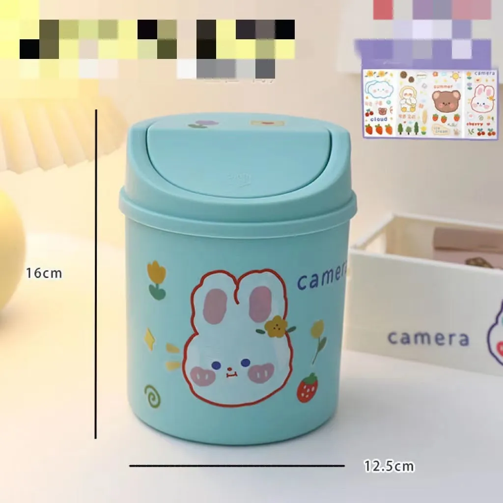 Plastic mini bear shaped desktop trash can with press-type lid in beige gray, includes stickers and garbage bags