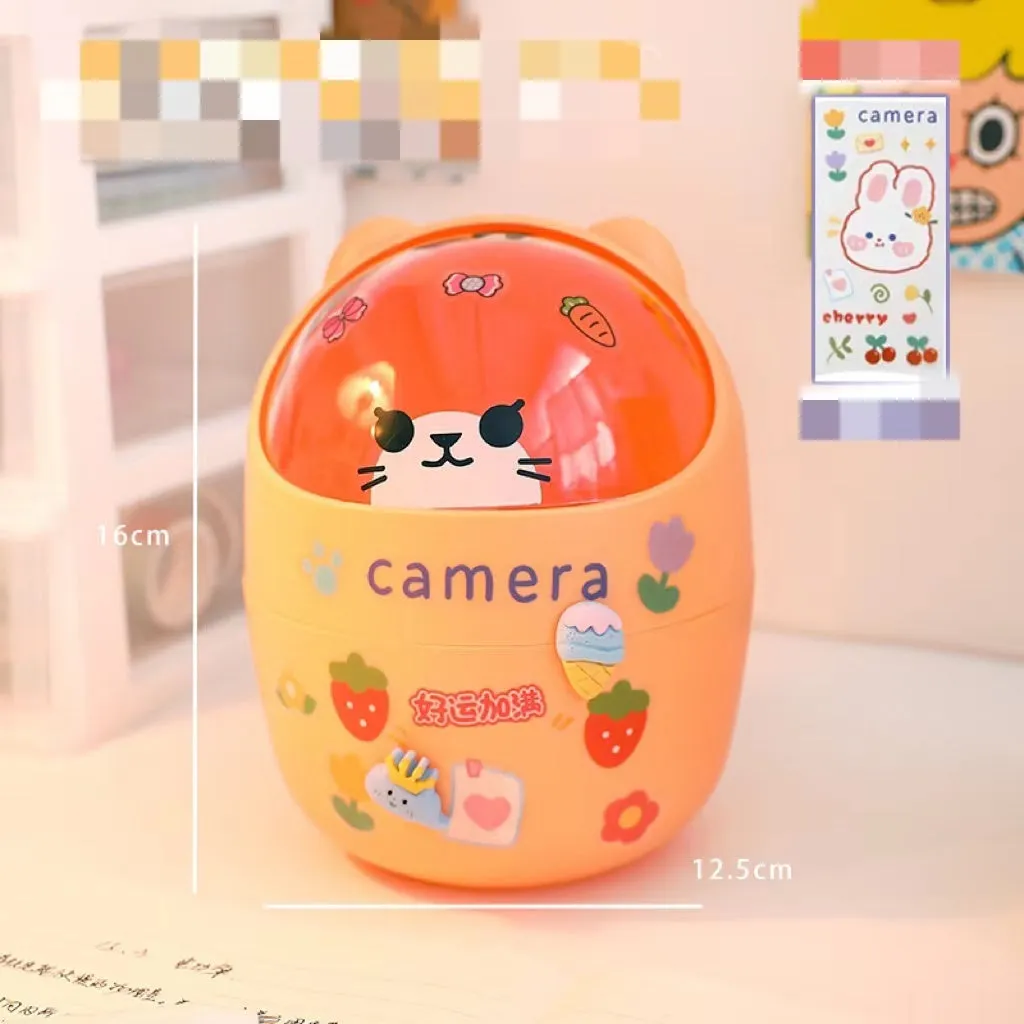 Plastic mini bear shaped desktop trash can with press-type lid in beige gray, includes stickers and garbage bags