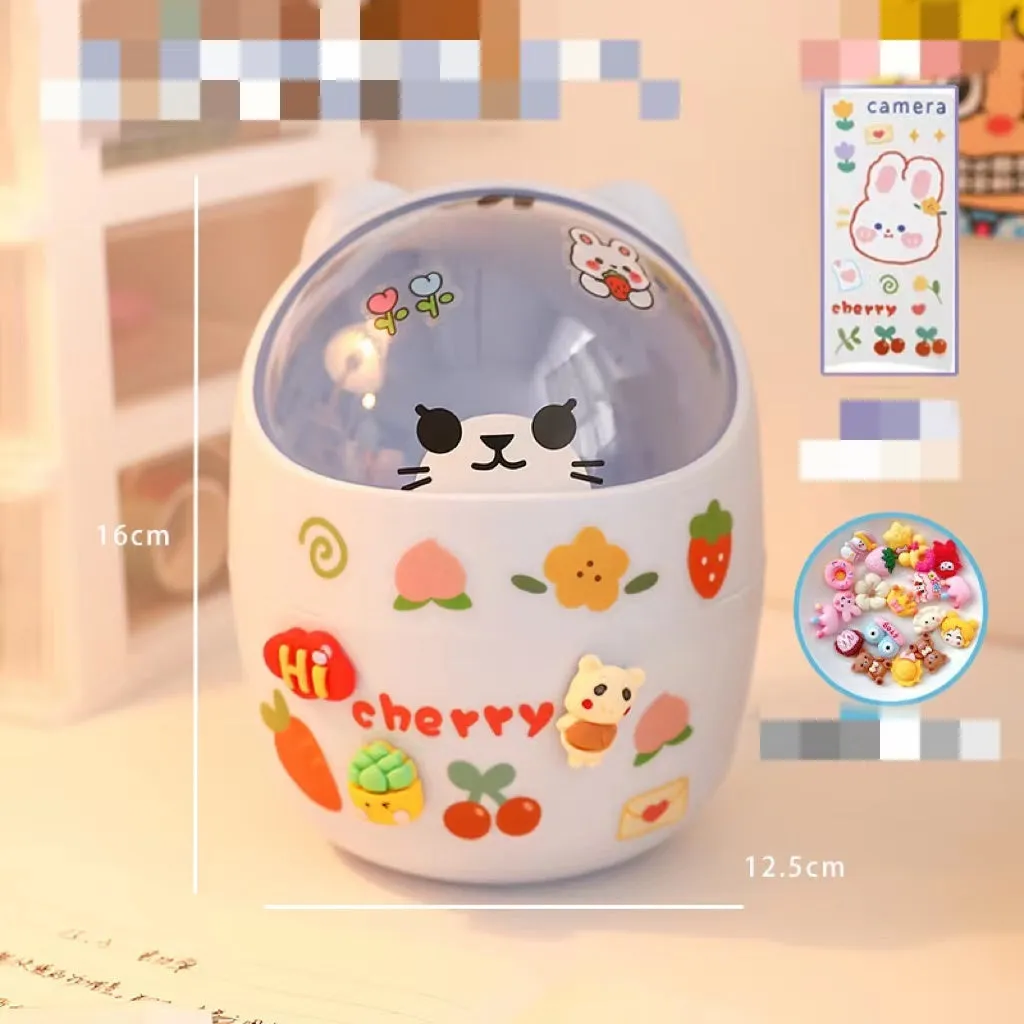 Plastic mini bear shaped desktop trash can with press-type lid in beige gray, includes stickers and garbage bags