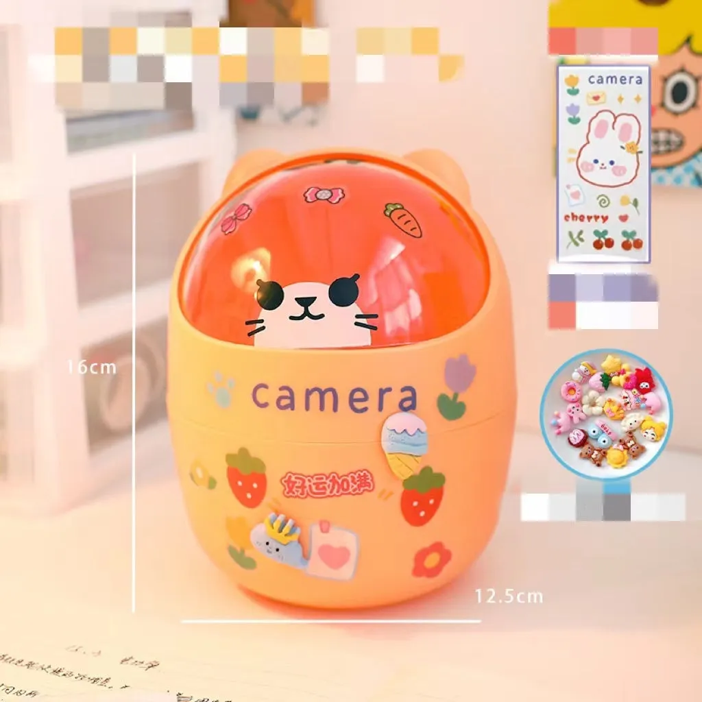 Plastic mini bear shaped desktop trash can with press-type lid in beige gray, includes stickers and garbage bags