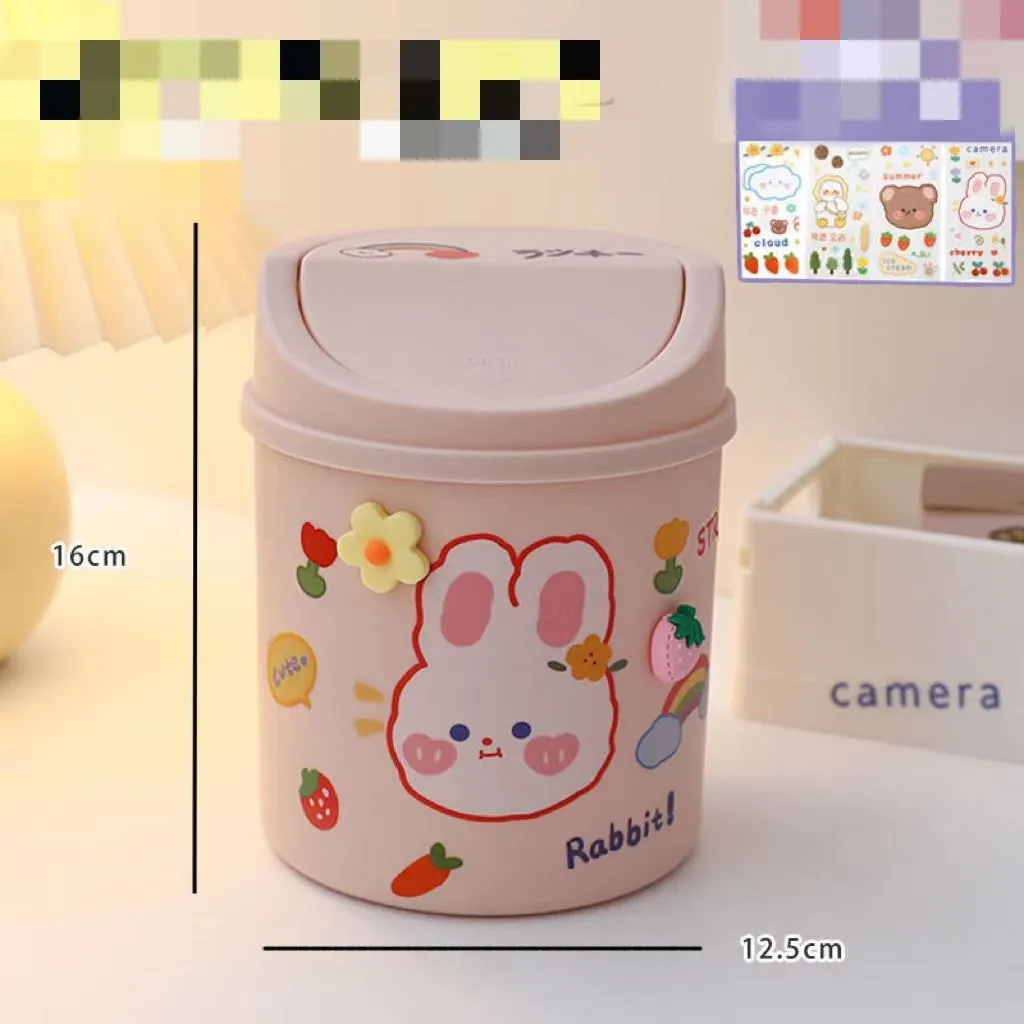 Plastic mini bear shaped desktop trash can with press-type lid in beige gray, includes stickers and garbage bags