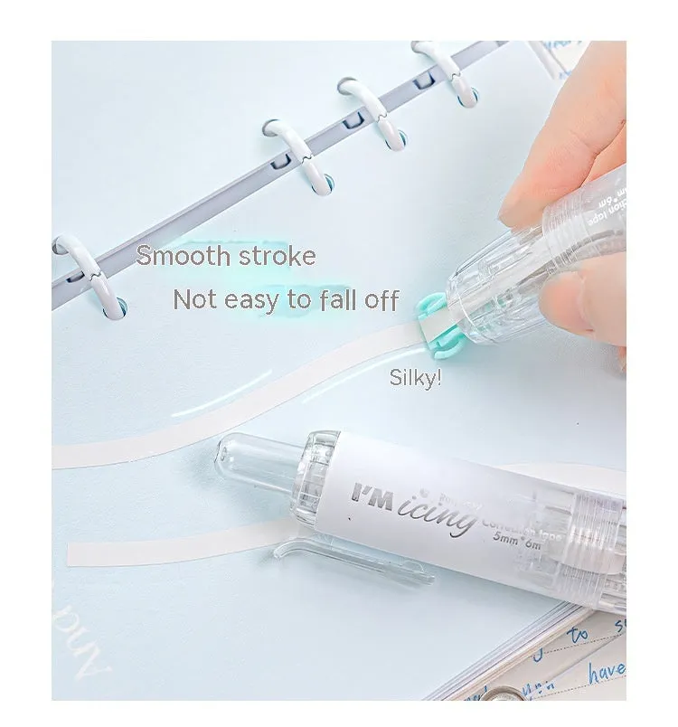 Press correction tape in white colour showing applicator and tape head, compact 5x6cm size