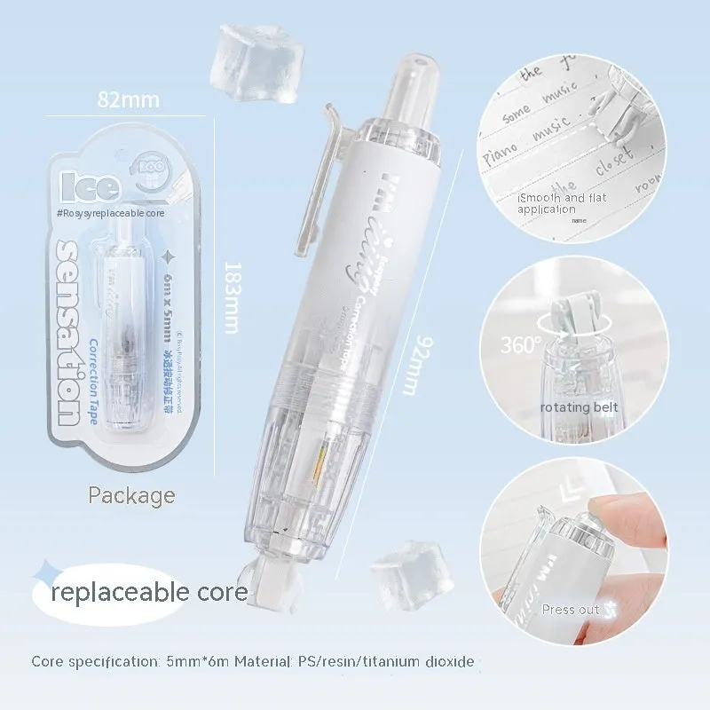Press correction tape in white colour showing applicator and tape head, compact 5x6cm size