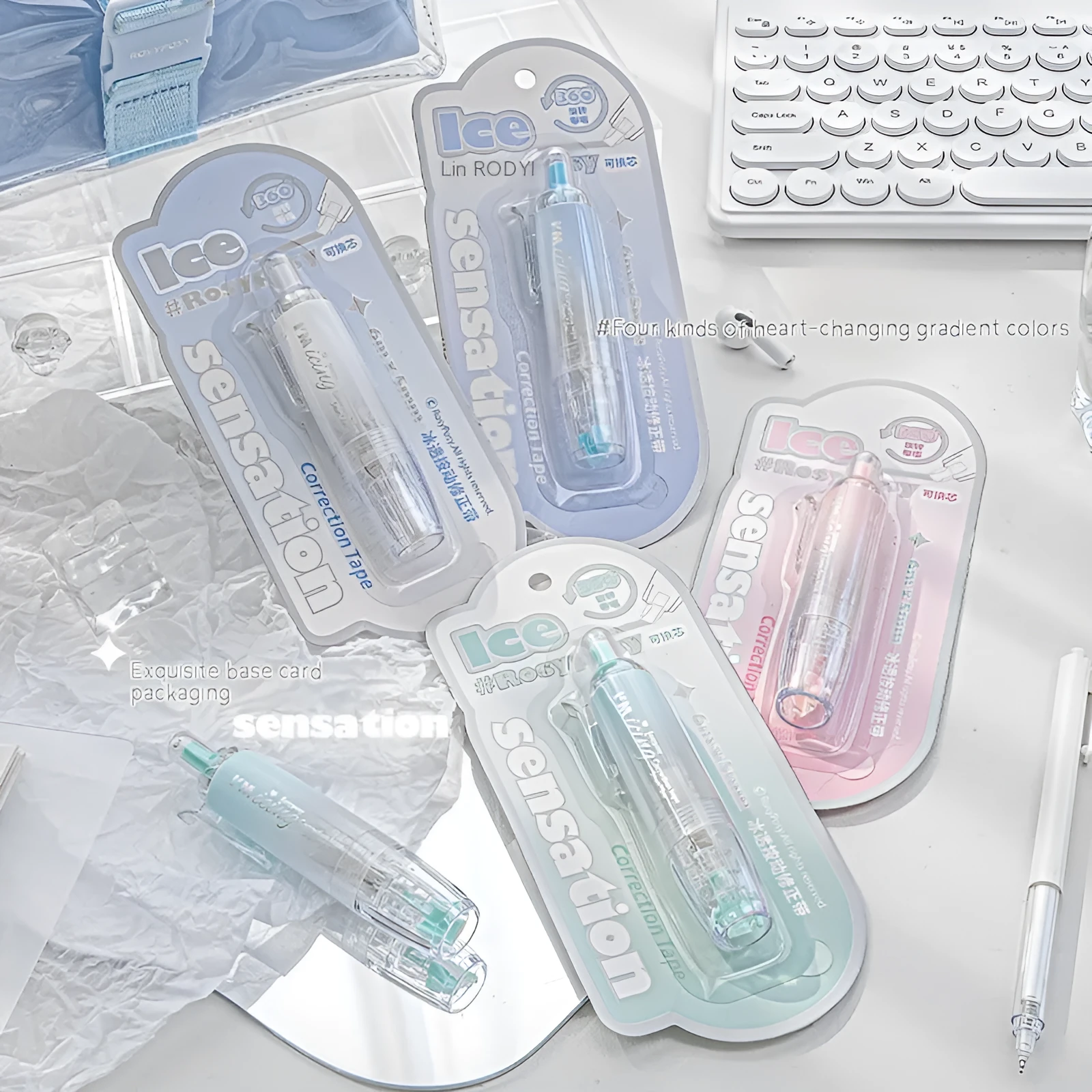 Press correction tape in white colour showing applicator and tape head, compact 5x6cm size