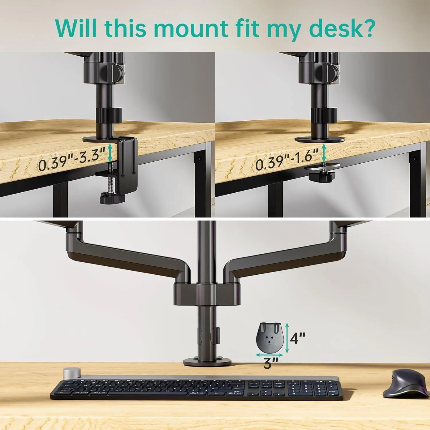 Black aluminium alloy three-arm gas spring monitor arm for 27-inch computer screens