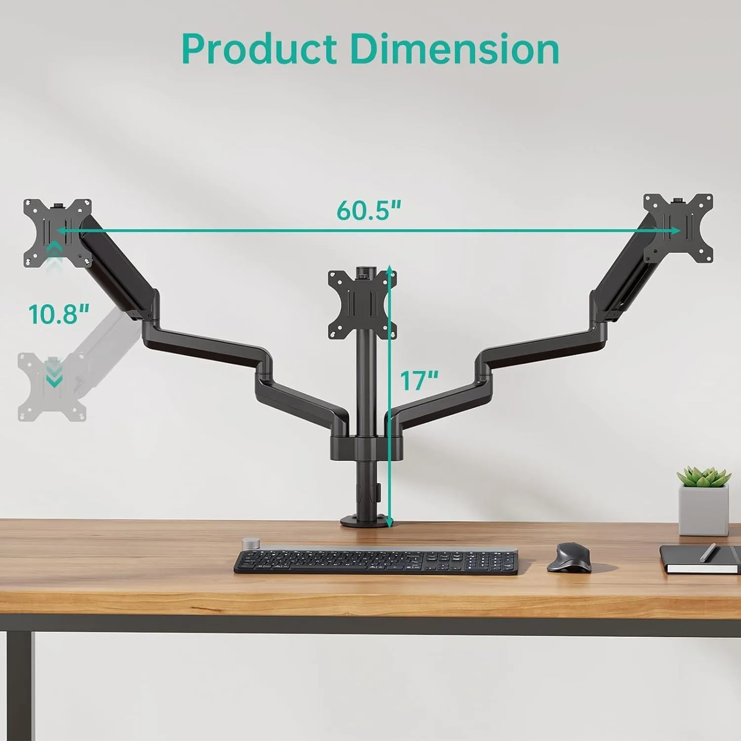 Black aluminium alloy three-arm gas spring monitor arm for 27-inch computer screens