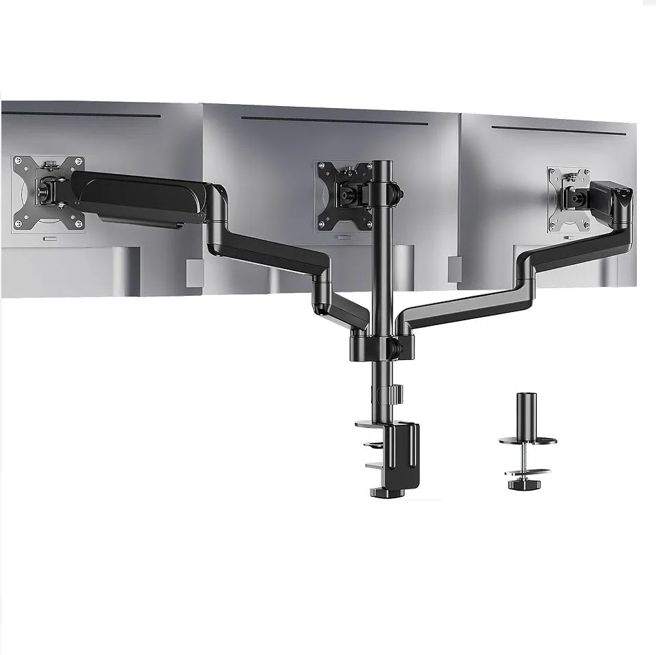 Black aluminium alloy three-arm gas spring monitor arm for 27-inch computer screens
