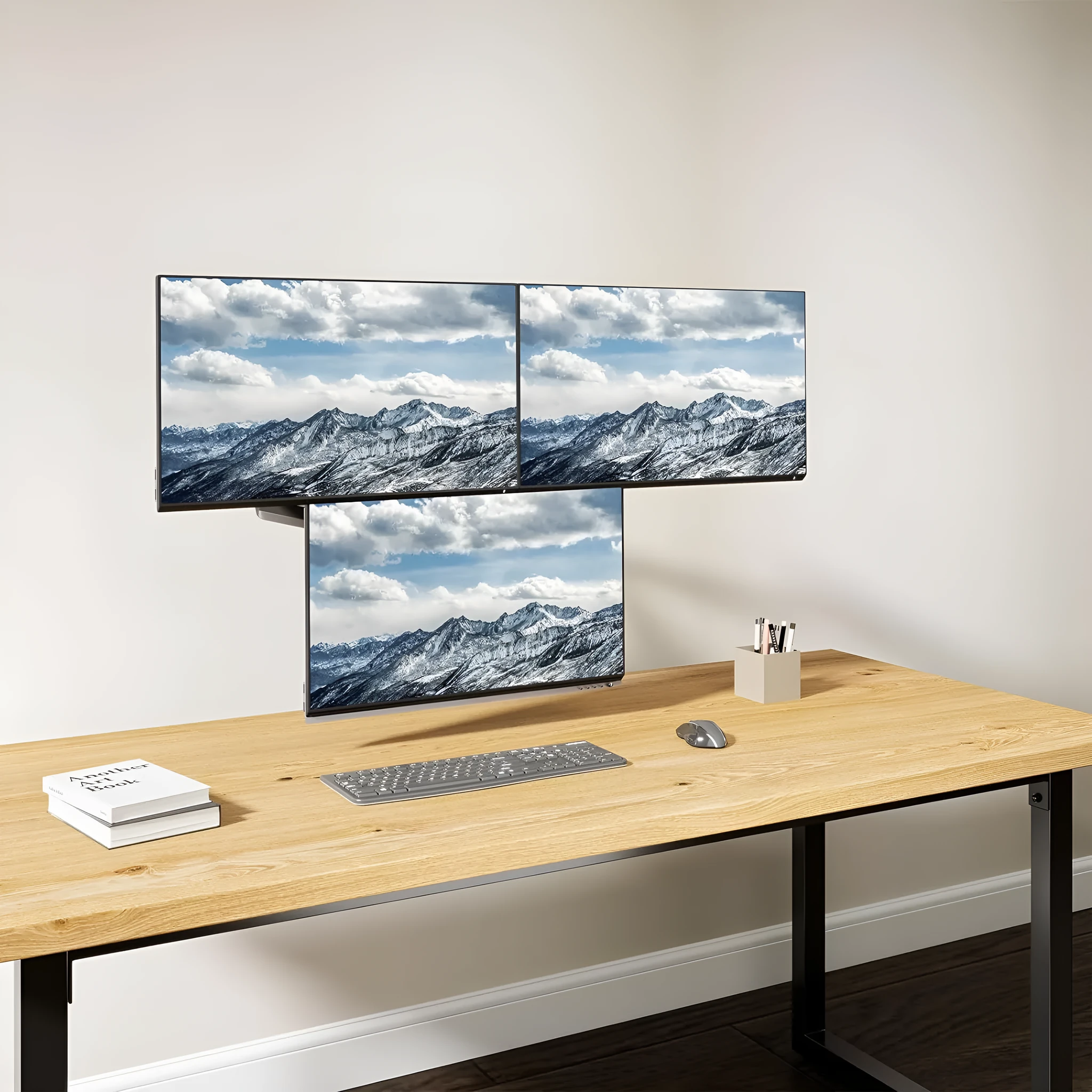 Black aluminium alloy three-arm gas spring monitor arm for 27-inch computer screens