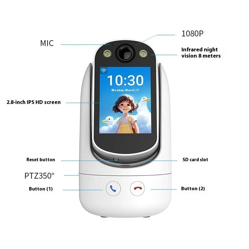 C20 white two-way video call surveillance camera with 2.8-inch screen and 120-degree lens
