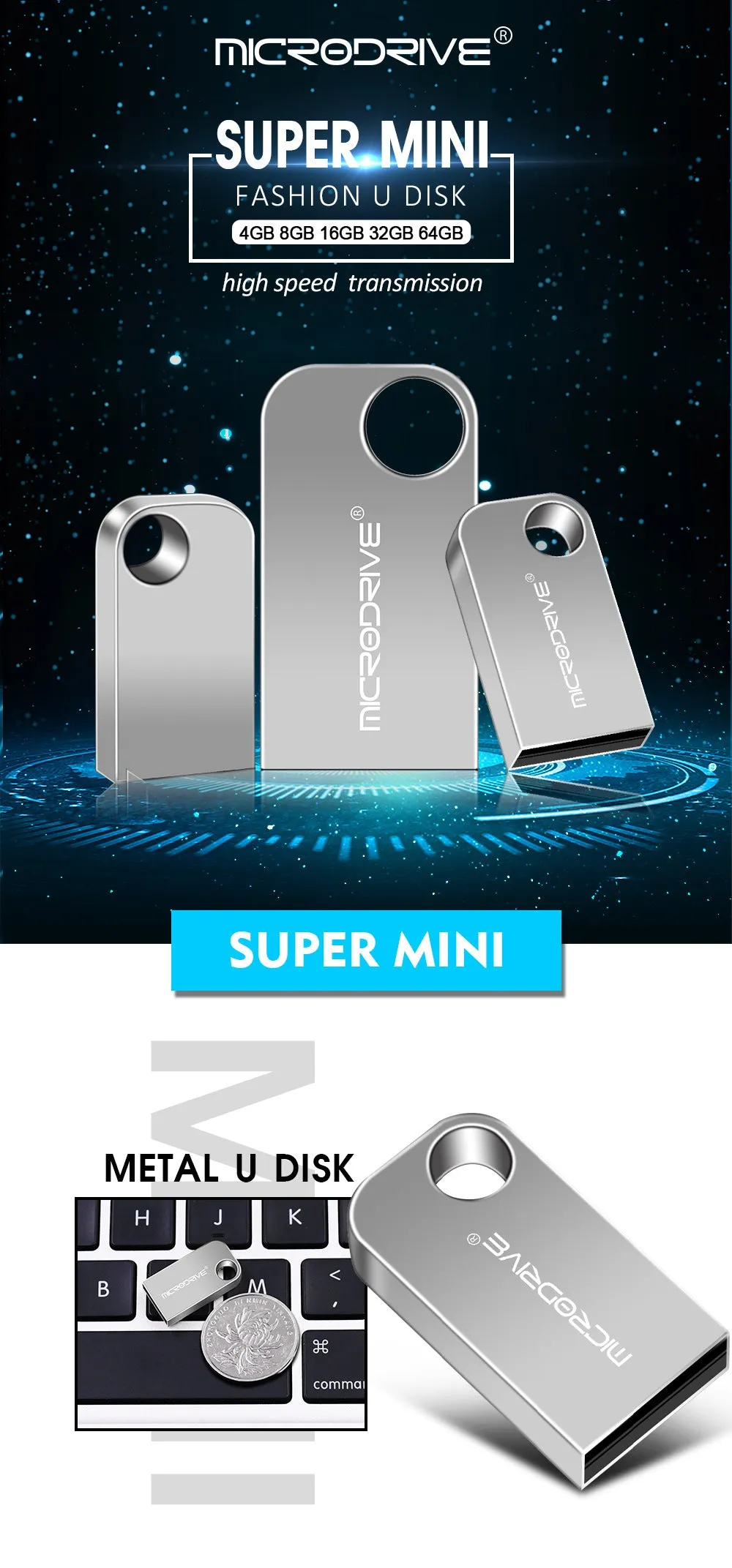 Silver gray metal USB flash drive with rotating connector, 64GB capacity, vehicle-mounted design.