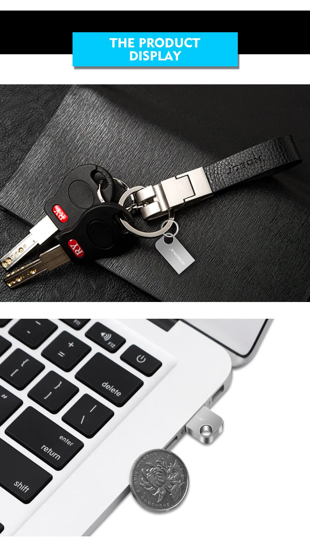 Silver gray metal USB flash drive with rotating connector, 64GB capacity, vehicle-mounted design.