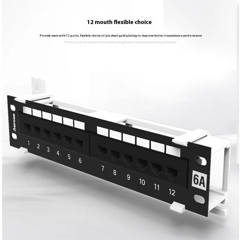Black 12-port steel network distribution frame with hook bracket and included installation accessories.