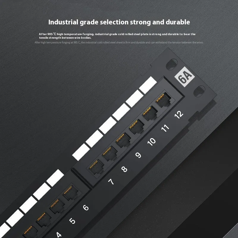 Black 12-port steel network distribution frame with hook bracket and included installation accessories.