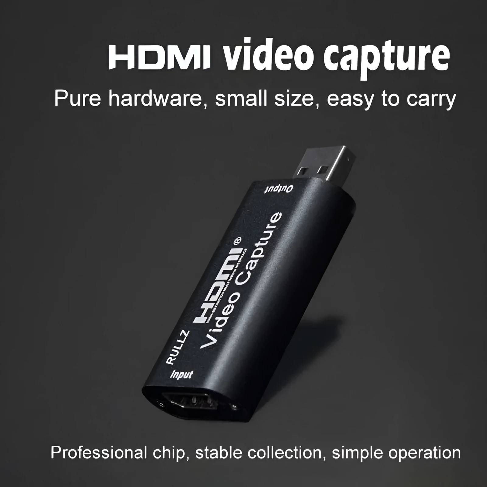 Black HDMI video capture card with USB connector, 64x28x13mm, supporting 4K input and 1080P output