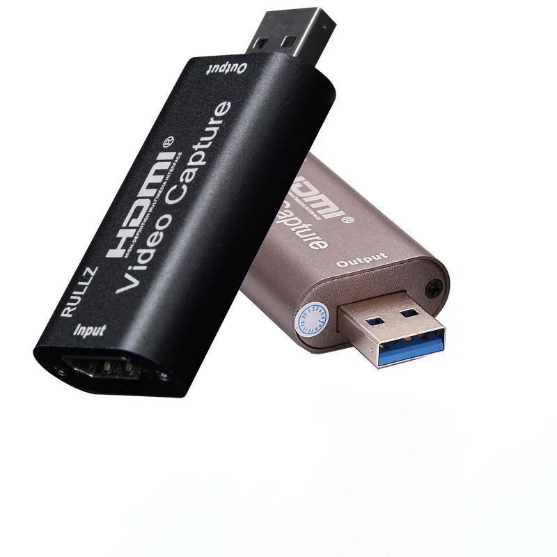 Black HDMI video capture card with USB connector, 64x28x13mm, supporting 4K input and 1080P output
