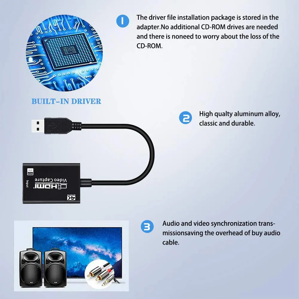 Black HDMI capture card with HDMI to USB connection, 59g weight, for game live broadcast