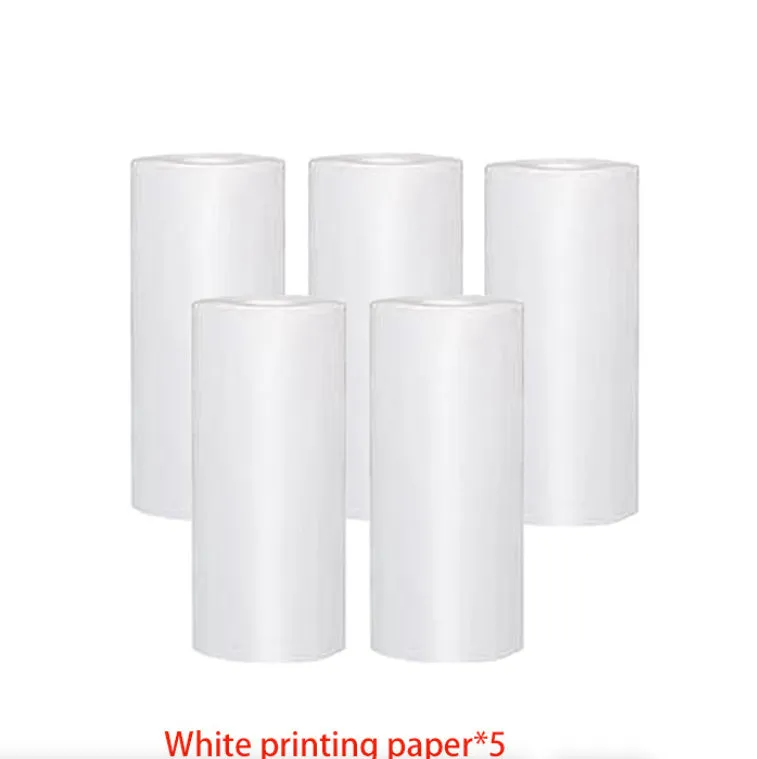 Student mini thermal label printer in blue with USB cable and paper roll